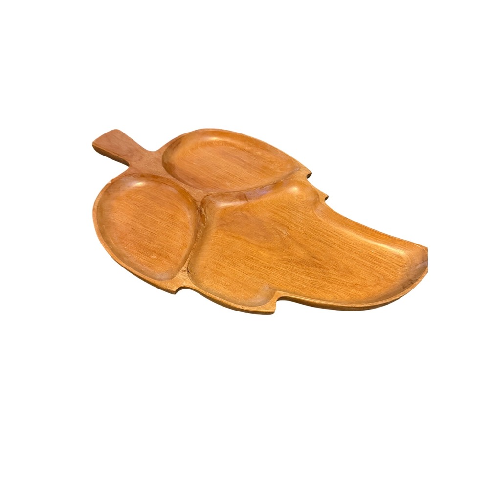 Vintage Wooden Leaf Serving Tray Divided 3 Compartment Mid Century Made in Japan